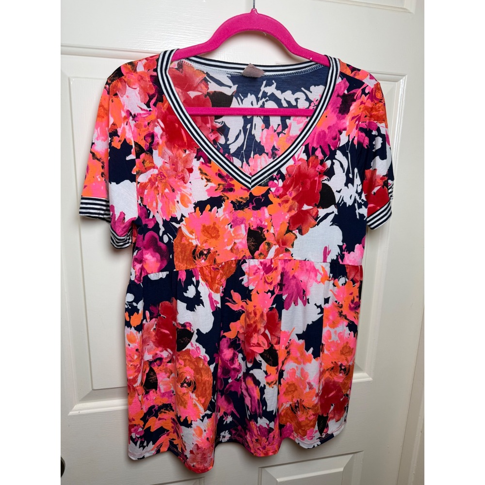 Sew In Love Floral Babydoll Top V-Neck Striped Trim